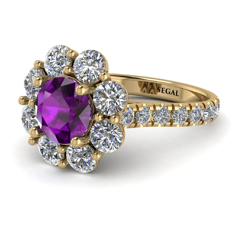 Handcrafted Diamond Rings-Glamorous Amethyst Halo Engagement Ring - Amaya No. 301