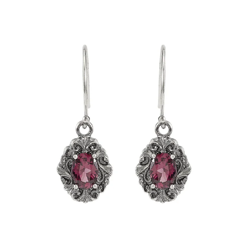 Contemporary Earrings-Sterling Silver Victorian Style Rhodolite Garnet Dangle Earrings