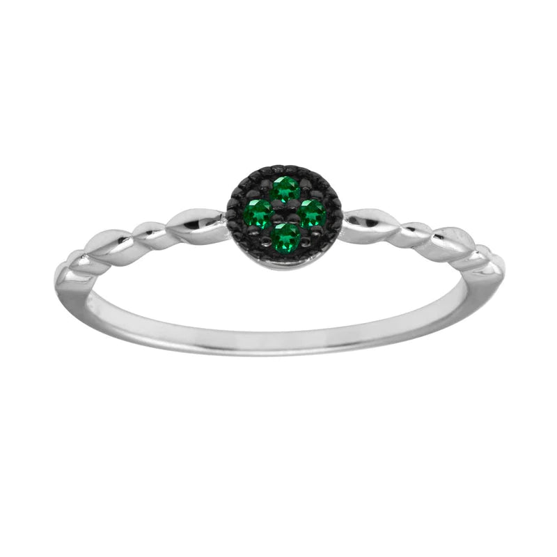 Simple Engagement Rings-Silver 925 Rhodium Plated Round Shape 4 Green CZ Ring